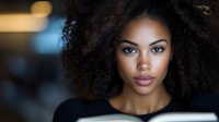 Young African American woman with curly hair looking at camera in modern office environment with soft lighting and professional atmosphere.