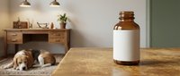 Amber glass bottle with blank white label on wooden table in modern kitchen interior with dog resting nearby for product mockup and branding design.