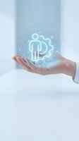 Hand holding glowing neon person icon with gear symbol, representing human resources, employee management, and business development solutions.