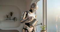Humanoid robot watering houseplant in modern bathroom interior with natural light from window creating domestic automation scene.