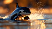 Majestic orca whale breaching ocean surface at golden sunset with dramatic water splash and warm lighting creating stunning marine wildlife moment.