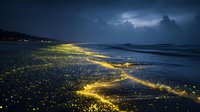 Glowing bioluminescent plankton illuminates dark beach shoreline with golden light against stormy night sky and ocean waves.