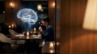 Asian businessman analyzing data with holographic brain projection in modern restaurant setting for artificial intelligence and technology concepts.