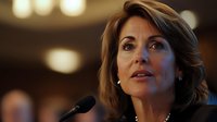Middle-aged woman with shoulder-length brown hair and fair complexion speaking at microphone in professional setting with blurred background lights, suitable for business, politics, conference, leadership, public speaking.