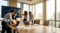 Business team analyzing financial data on large screen in modern conference room with city skyline view during strategic planning meeting.