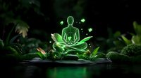 Glowing green silhouette in lotus meditation pose surrounded by magical butterflies and forest plants creates mystical zen atmosphere in dark nature setting.
