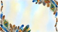 Watercolor feather frame with peacock plumes and bird feathers creating decorative border on textured paper background for natural design projects.