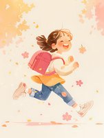 Happy Asian schoolgirl with backpack running joyfully among falling cherry blossoms, wearing casual clothes and sneakers in soft pastel watercolor style.