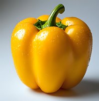 Fresh yellow bell pepper with water droplets on smooth glossy surface against light background, macro food photography for healthy eating concepts.