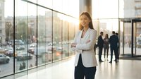 Professional businesswoman with crossed arms standing confidently in modern office lobby with large windows and natural sunlight streaming in.