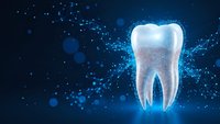 Digital tooth with glowing network connections on blue background for dental technology and healthcare innovation concepts.