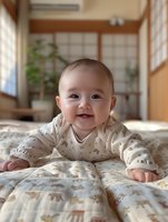Smiling Asian baby in polka dot onesie lying on patterned blanket at home, showing joyful expression during tummy time. Natural window light creates warm atmosphere.