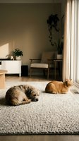 Cozy living room interior with dog and cat resting on textured rug near window with natural sunlight and modern furniture for home decor concepts.