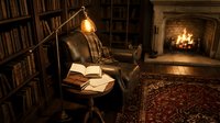 Cozy reading nook with vintage leather armchair, warm lamp light, open books and crackling fireplace in traditional library setting with wooden bookshelves.