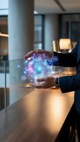 Businessman holding glowing digital network sphere with connected icons in modern office environment for technology and innovation concepts.