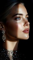 Close-up profile portrait of young woman with freckles, blue eyes and glowing skin wearing sparkly jewelry and evening makeup against dark background.