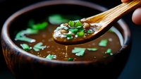 Wooden spoon with savory brown broth dripping into ceramic bowl, garnished with fresh chopped green herbs against dark background, close-up food photography.