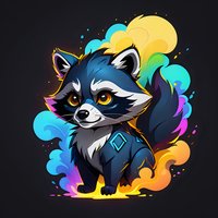 Cute cartoon raccoon character with colorful smoke effects and glowing eyes on black background. Stylized animal mascot design for gaming and merchandise.