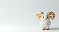 Cute white sheep character with golden curved horns and pink nose isolated on light background, suitable for children's designs and merchandise.