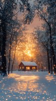 Cozy log cabin glowing warmly in snowy winter forest at sunset, with magical sparkles of snow falling through golden sunbeams creating enchanting atmosphere.
