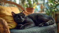 Black cat sleeping peacefully on gray couch with yellow cushion in cozy home environment. Natural window light creates warm, relaxing atmosphere.