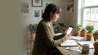 Young Caucasian woman in green sweater using smartphone at home office desk surrounded by plants, taking notes, remote work concept.