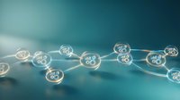 Connected glowing spheres with gears and cogs form a network on blue background, representing digital transformation, technology integration, and business automation systems.