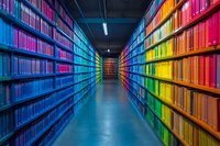 Colorful library corridor with rainbow-arranged books on shelves, creating vibrant spectrum effect in modern archive space.