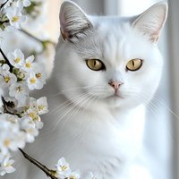 White cat with bright yellow eyes sitting near blooming cherry blossoms, soft natural lighting creates dreamy spring atmosphere for greeting cards and wall art.