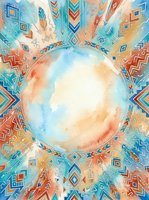 Watercolor globe surrounded by tribal geometric patterns in turquoise, orange, and gold tones. Central sphere features soft blue and warm earth tones. Radiating design with arrows and diamond shapes creates mandala-like composition. Suitable for cultural, educational, and decorative projects.