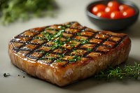 Juicy grilled steak with crosshatch grill marks garnished with fresh herbs and served with cherry tomatoes. Close-up view shows tender meat texture and caramelization.