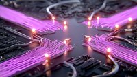 Glowing purple circuit paths with light points on dark electronic motherboard, representing data flow in modern computing technology.