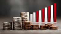 Stacked coins in foreground with ascending bar graph showing financial growth trend. Concept of investment success and economic progress.