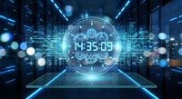 Futuristic digital clock displaying time in glowing blue holographic interface with circuit patterns and data center background for technology concepts.