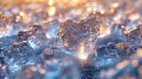 Glowing ice crystals in golden sunlight create magical winter atmosphere with bokeh effect and soft focus, macro photography showing frozen nature details.