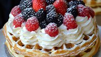 Fresh raspberries and blackberries top light whipped cream swirls on golden Belgian waffle dusted with powdered sugar, close up view of sweet breakfast dessert.