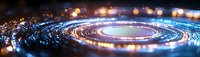 Glowing circular light trails create futuristic panoramic pattern with blue and orange bokeh effects against dark background, abstract technology concept.