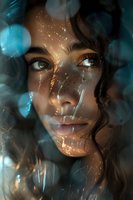 Close up portrait of young mixed race woman with freckles and curly hair through glass with water drops and bokeh light effects creating dreamy atmosphere.