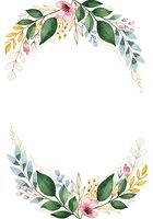 Watercolor floral wreath frame with pink flowers, green leaves, and botanical elements isolated on white background for invitations and design projects.