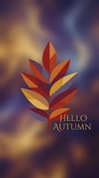 Stylized autumn leaf with layered geometric petals in red, orange, and yellow tones against soft blurred background. Seasonal greeting card design.