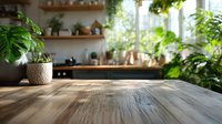 Rustic wooden table in cozy kitchen with potted plants, natural light from windows, and blurred green home garden background.