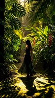 Woman in dark dress standing in lush tropical jungle surrounded by palm fronds and exotic flowers, golden sunlight filtering through dense foliage creating atmospheric shadows and highlights.