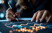 Close-up of hands analyzing digital data visualization with pen on interactive touchscreen display showing colorful graphs and network connections.