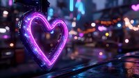 Glowing neon heart shape illuminates dark city street with purple and pink light, reflecting on wet surface against blurred urban bokeh background.