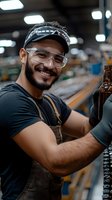 Happy Hispanic male brewery worker in safety glasses and apron holding beer bottle in industrial facility with warm smile and professional brewing equipment.