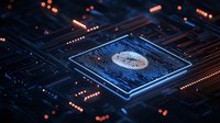 Glowing microchip with fingerprint symbol on dark circuit board background with bokeh lights, representing digital security and biometric authentication technology.