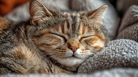 Sleeping tabby cat with peaceful expression resting on soft gray blanket, warm sunlight highlighting brown and orange fur tones. Close up portrait showing cozy atmosphere.