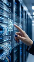 Caucasian woman with dark nail polish touching holographic security interface displaying gear and lock icons in server room environment for cybersecurity and data protection concepts.
