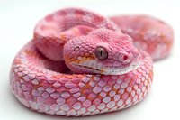 Pink albino snake coiled on white surface, showing detailed scales and distinctive eye. Close-up macro photography captures reptilian texture and natural pattern.