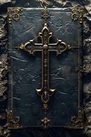 Ornate golden cross on weathered black leather book cover with decorative baroque frame and vintage religious symbolism for spiritual designs.